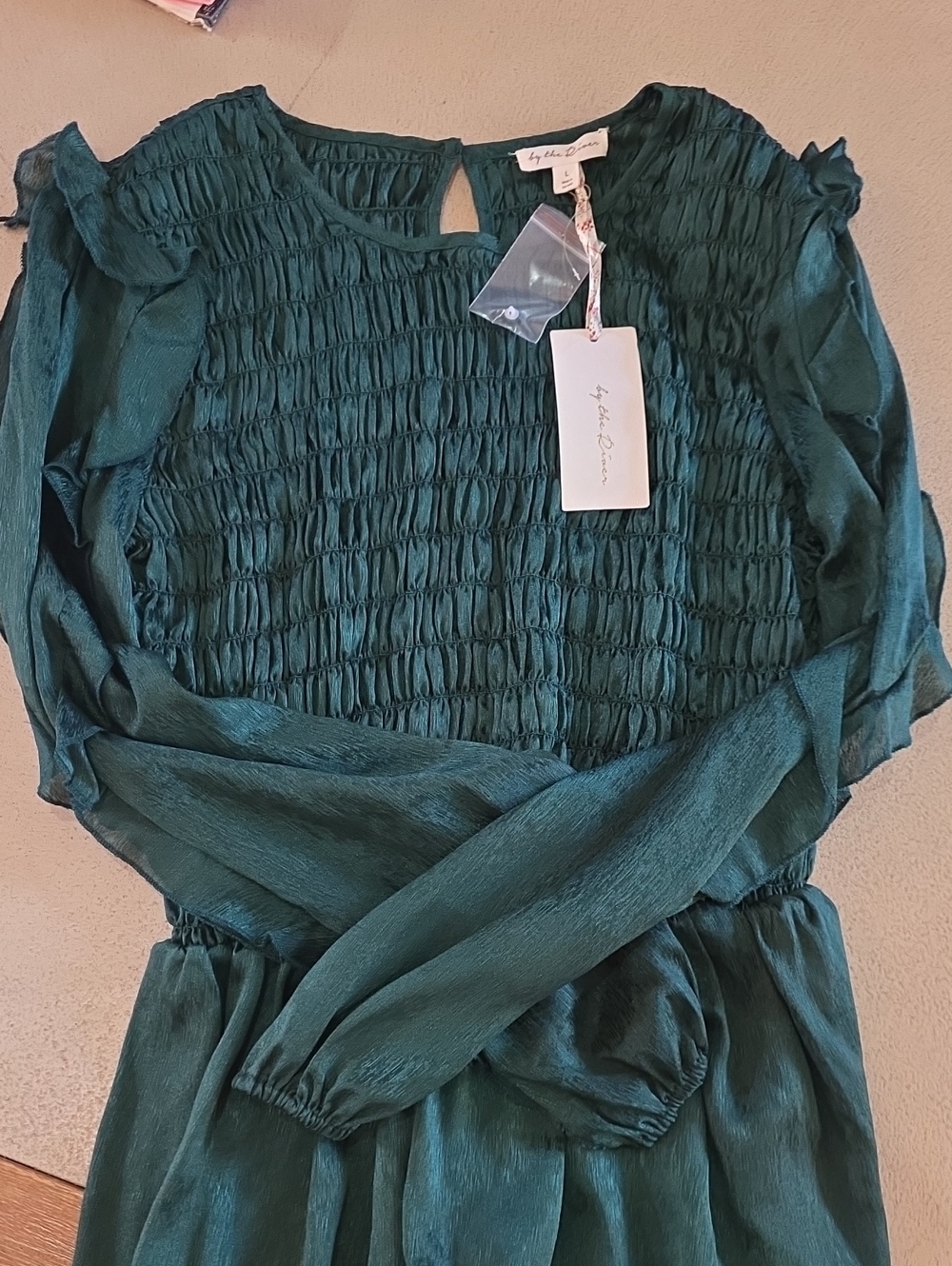 Smocked Long-Sleeve Blouse in Deep Teal